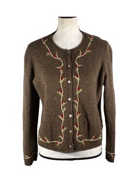 Natural Instincts vintage Brown Lambswool baby Cardigan Floral Embroidery Size L